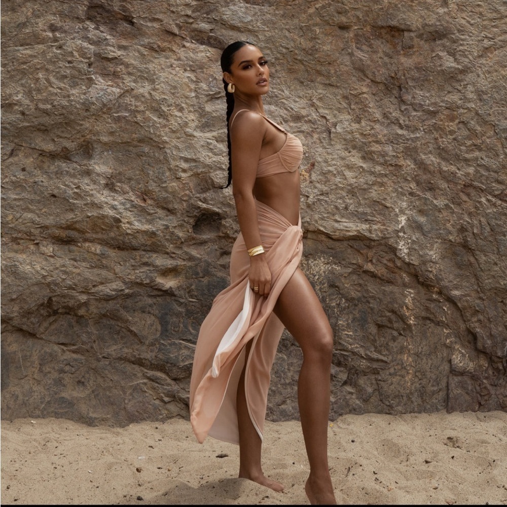 NEW JLUXLABEL Tan Uncharted Waters Mesh Sarong Maxi Hem Skirt - Picture 8 of 11